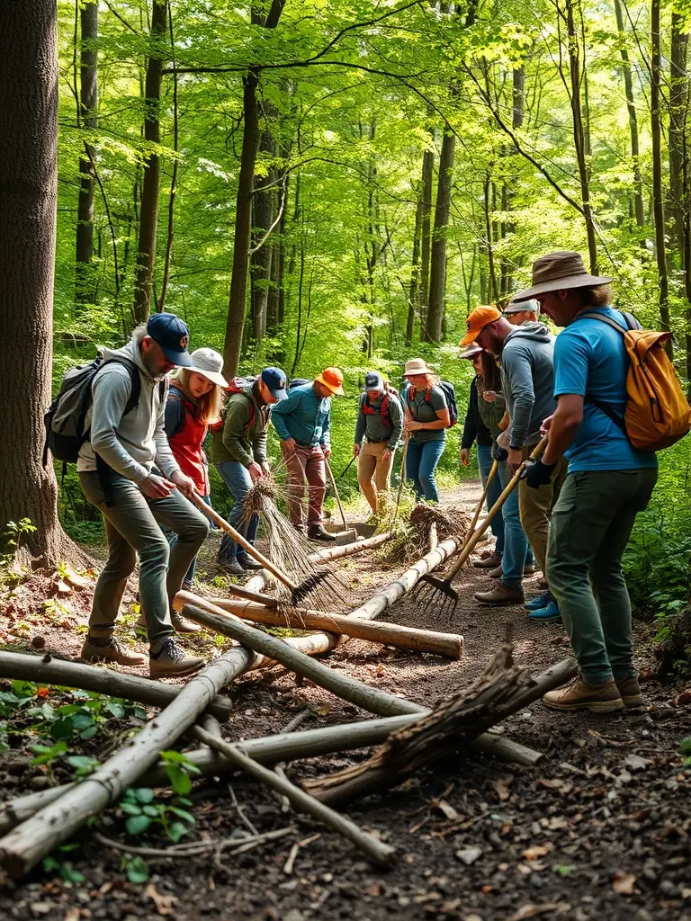 Volunteers working together to maintain a trail, clearing debris and ensuring its safety, illustrating RAND'ORADOUR's commitment to trail maintenance.