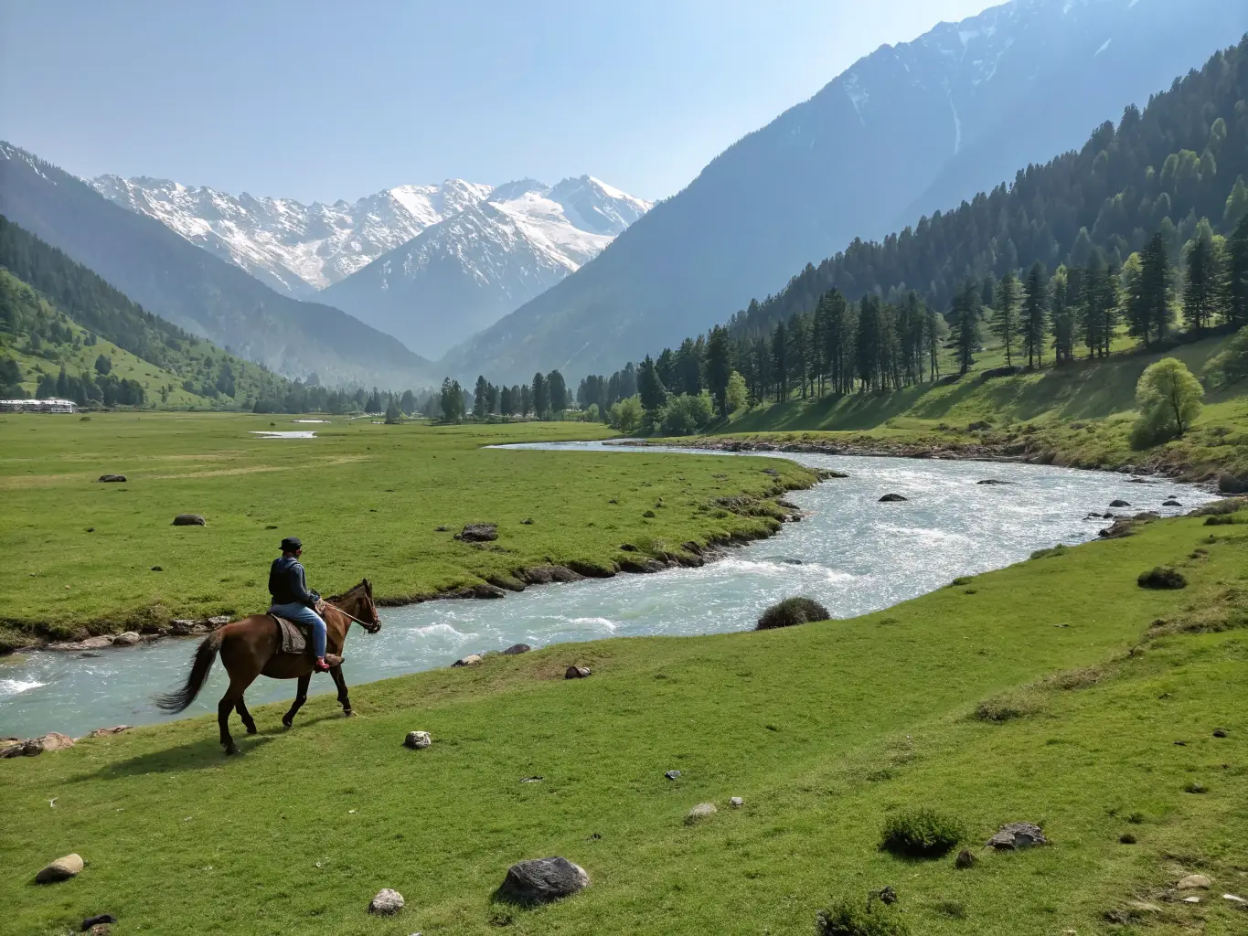 A person horseback riding through a picturesque meadow, with rolling hills and a clear blue sky in the background, illustrating the peaceful and scenic experience of horseback riding with RAND'ORADOUR.