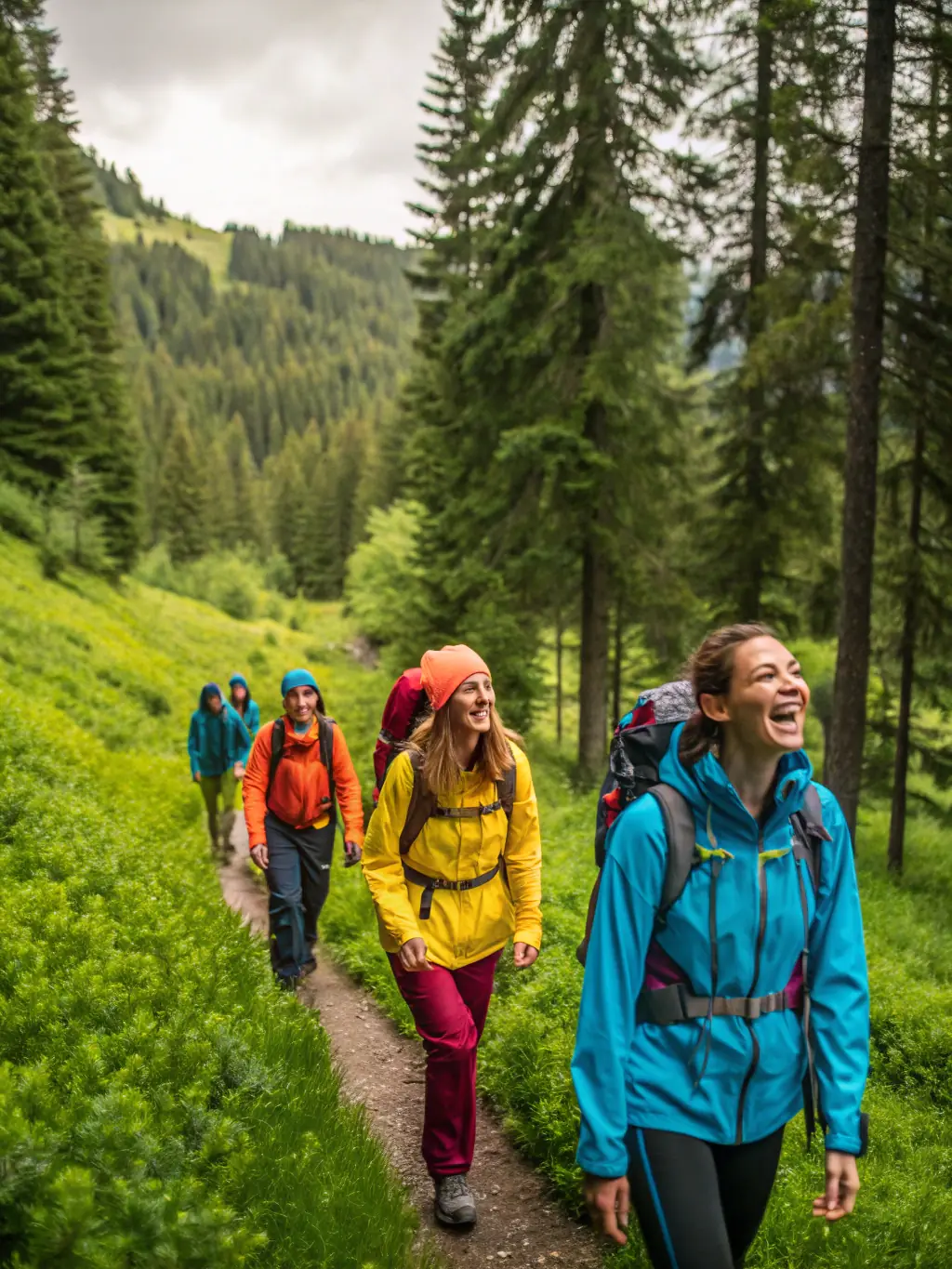 A group of hikers walking along a marked trail in the French countryside, surrounded by lush greenery, showcasing RAND'ORADOUR's hiking program.