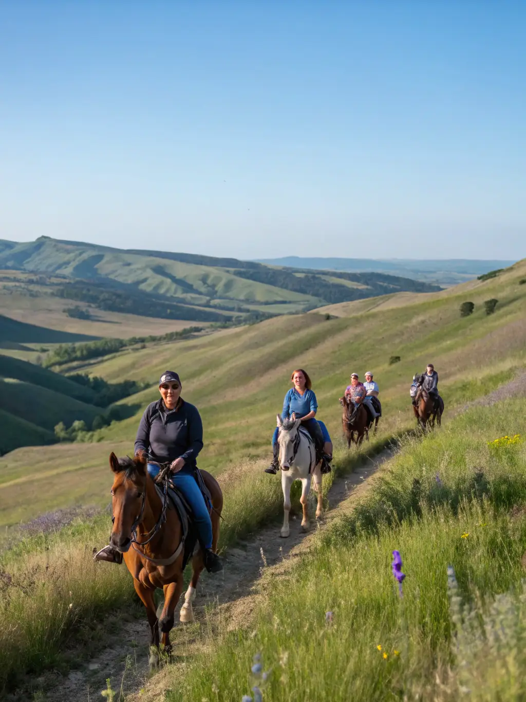 A group of horseback riders traversing a marked trail through the countryside near Oradour, highlighting the association's support for equestrian activities.