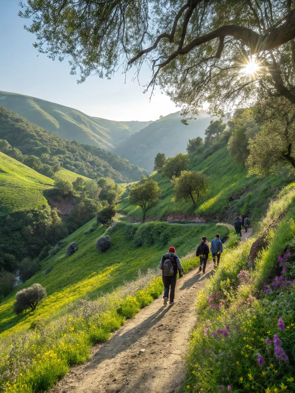 A scenic view of hikers on a well-maintained trail in the Oradour region, showcasing the natural beauty and the association's commitment to accessible hiking paths.