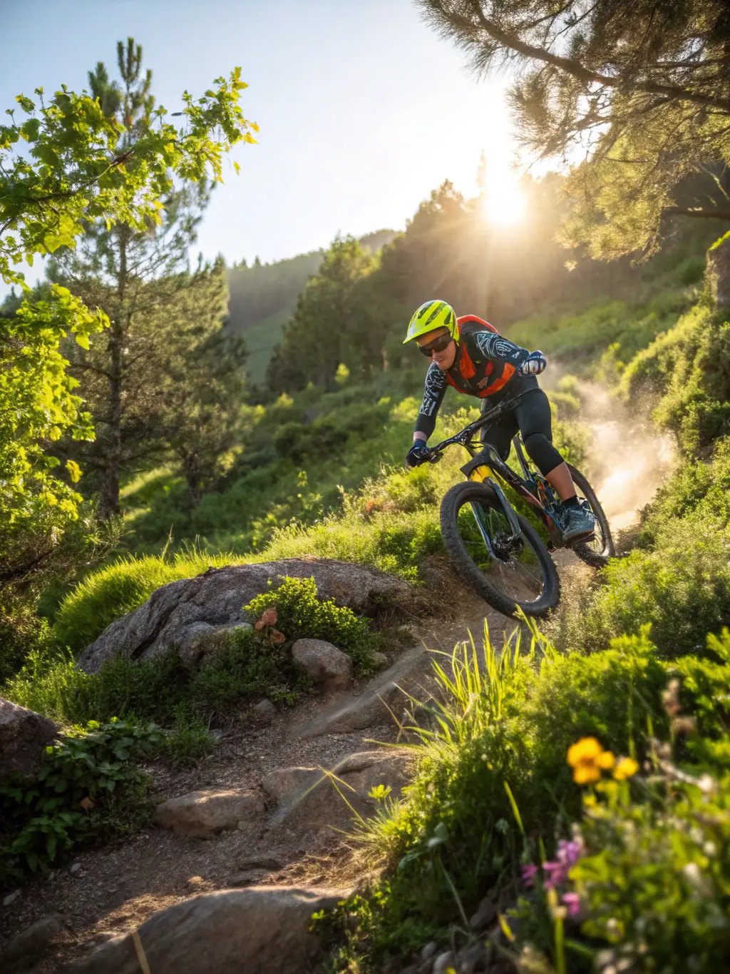 A mountain biker navigating a challenging section of a trail in Oradour, demonstrating the association's dedication to providing thrilling mountain biking experiences.
