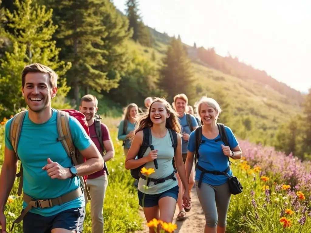 A group of hikers traversing a well-maintained trail in a lush forest, sunlight filtering through the trees, showcasing the joy and camaraderie of hiking with RAND'ORADOUR.
