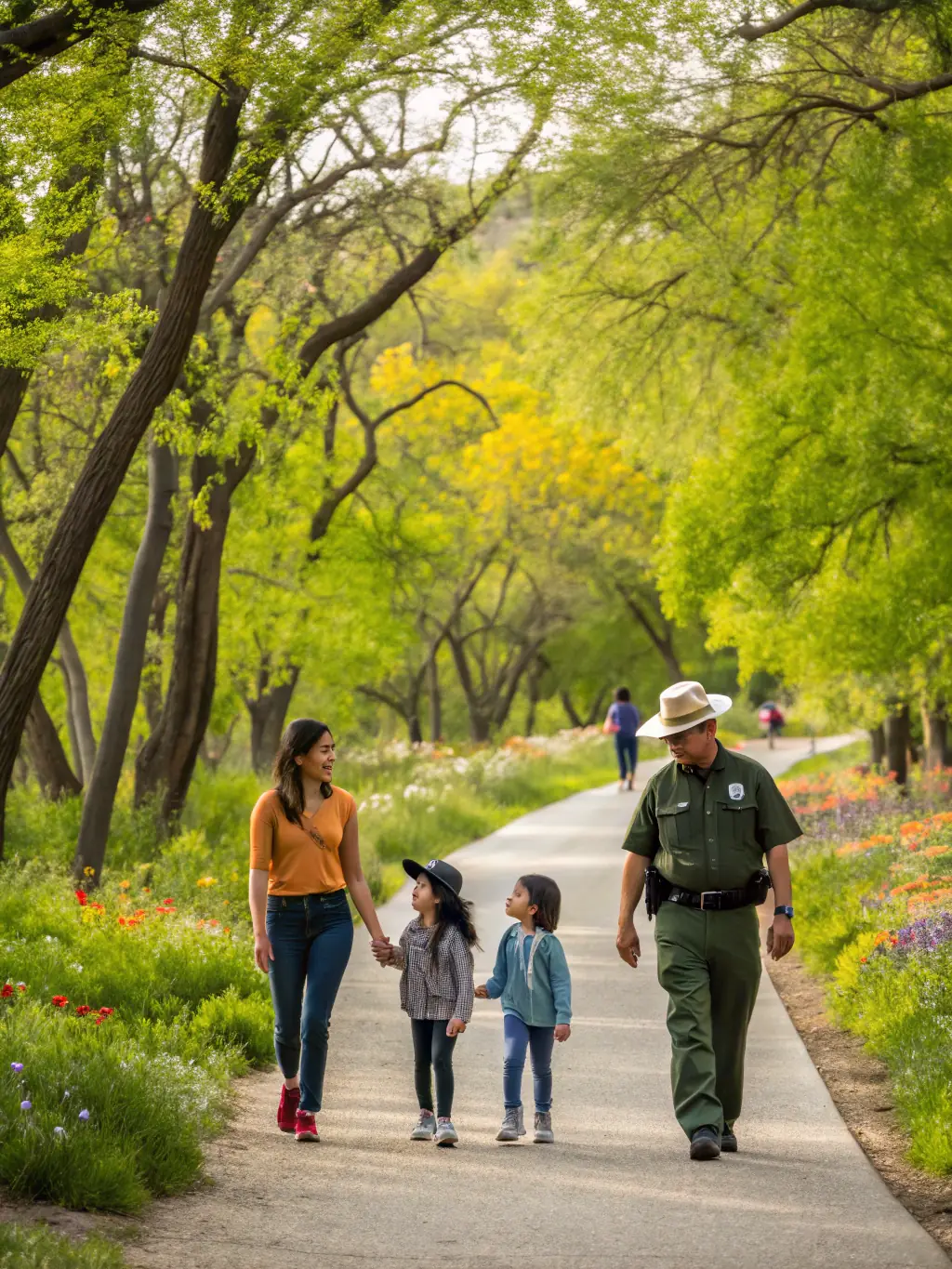 A family participating in a guided nature walk along a marked trail, highlighting RAND'ORADOUR's commitment to accessible outdoor experiences.