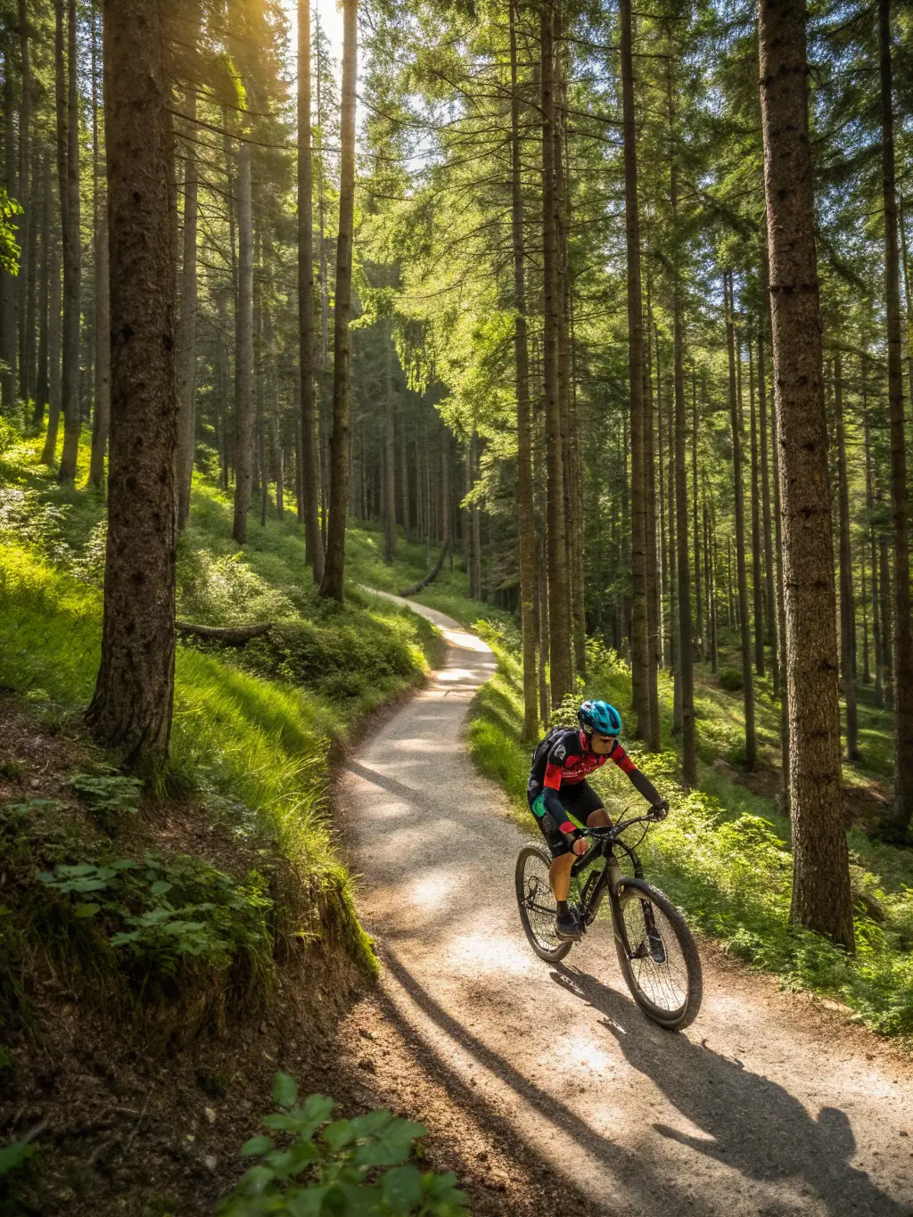 A mountain biker riding on a designated mountain bike trail, with trees and natural terrain in the background, representing RAND'ORADOUR's mountain biking program.