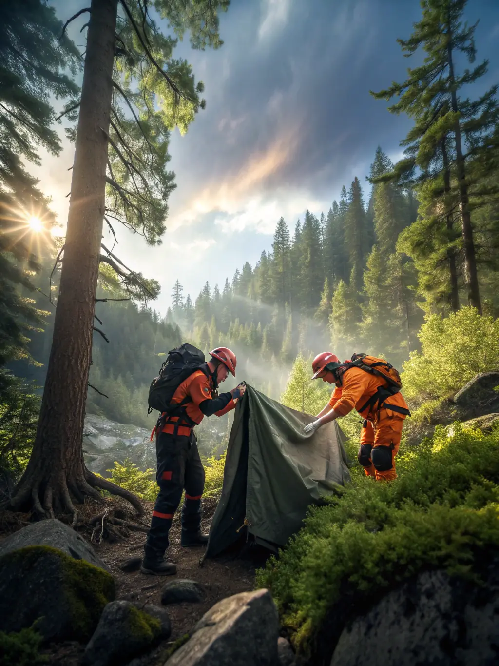 A group of volunteers constructing a new section of hiking trail in a forest, using shovels and other tools, showcasing RAND'ORADOUR's trail creation efforts.