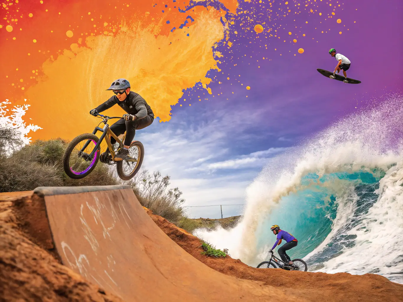A mountain biker speeding down a winding trail, surrounded by trees and natural scenery, capturing the excitement and challenge of mountain biking with RAND'ORADOUR.