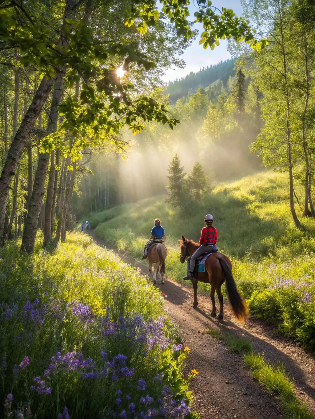 A person riding a horse on a well-maintained trail through a forest, highlighting RAND'ORADOUR's horseback riding program.