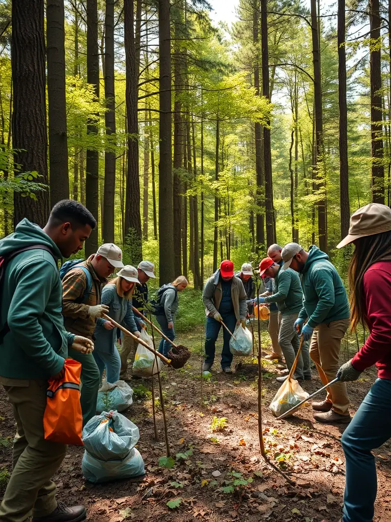 Volunteers working on trail maintenance, clearing brush and ensuring the path is safe and accessible, emphasizing the community's involvement in preserving outdoor spaces.