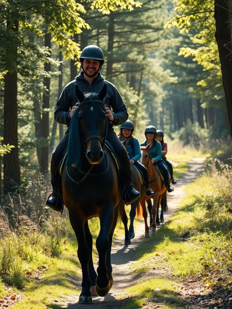 A group of horseback riders traversing a scenic trail, emphasizing RAND'ORADOUR's support for equestrian activities.
